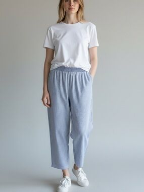 Light Blue Pinstripe Cropped Elastic-Waist Pants